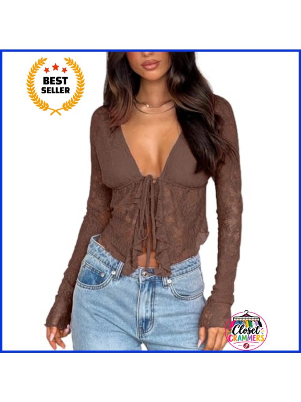 Sheer Mesh Lace Crop Top Long Sleeve Ruffle Tie Front Blouse